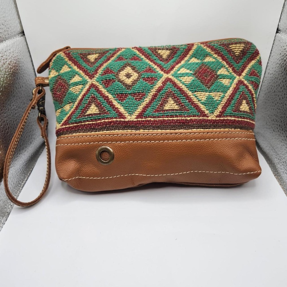 Myra Bag Leather Rug Canvas Southwestern Boho Wristlet Pouch